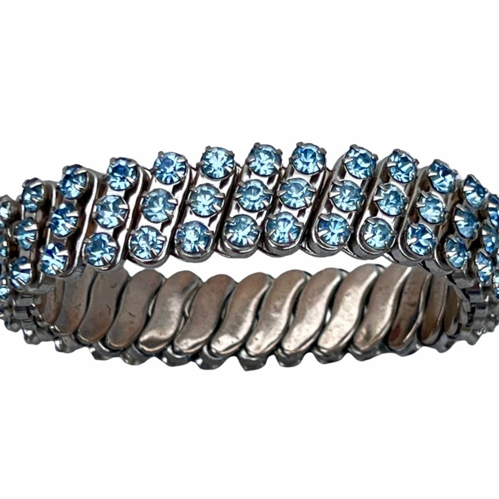 Vintage sparkly blue rhinestone and silver expandable band bracelet